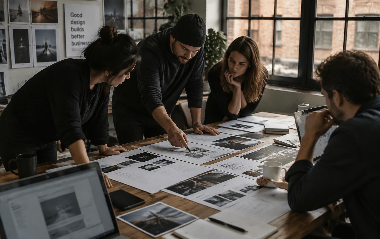 Design team reviewing website layouts and analytics